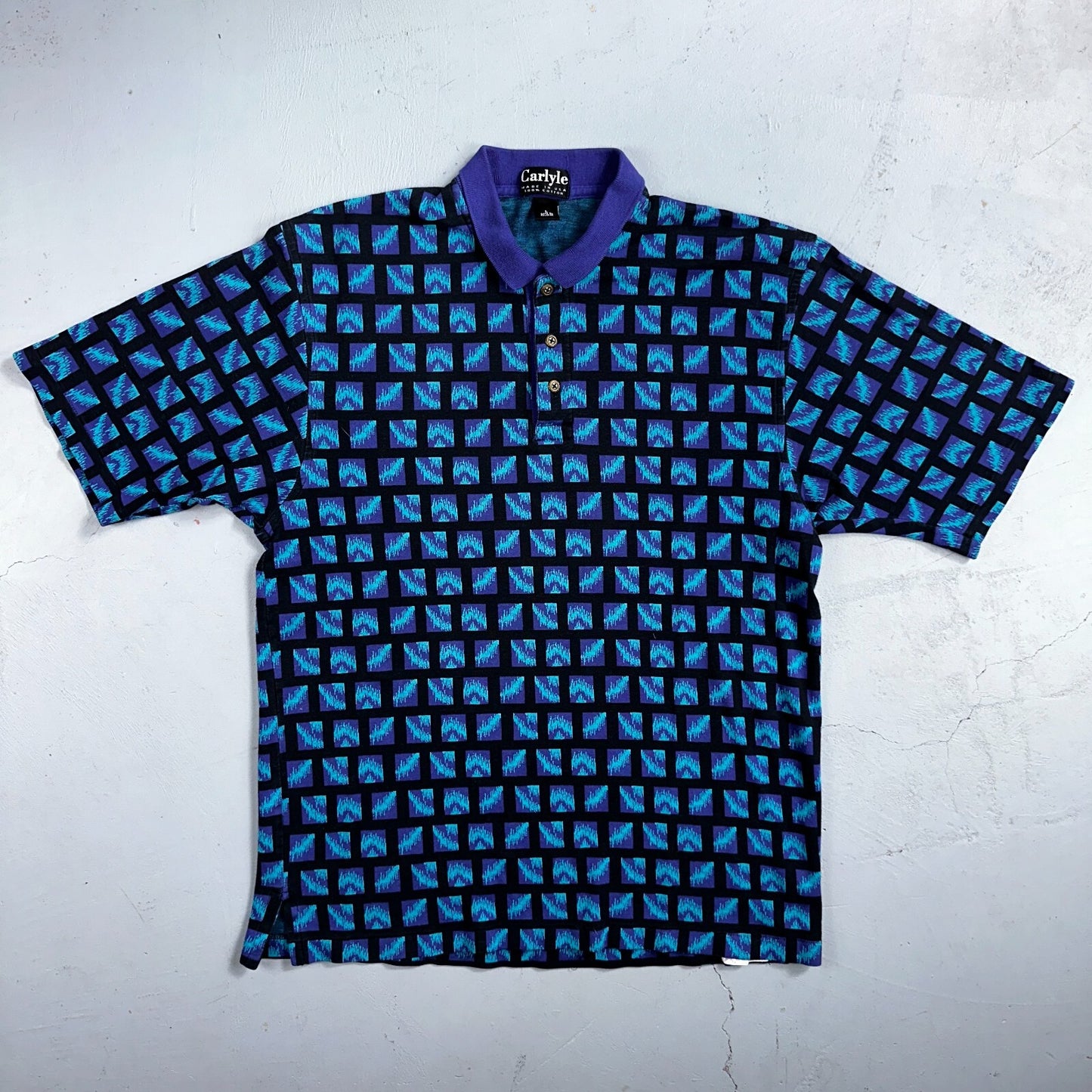 Carlyle VTG Short Sleeve Knit Polo Sz L Rockabilly Crazy Print Pattern Blue 70s