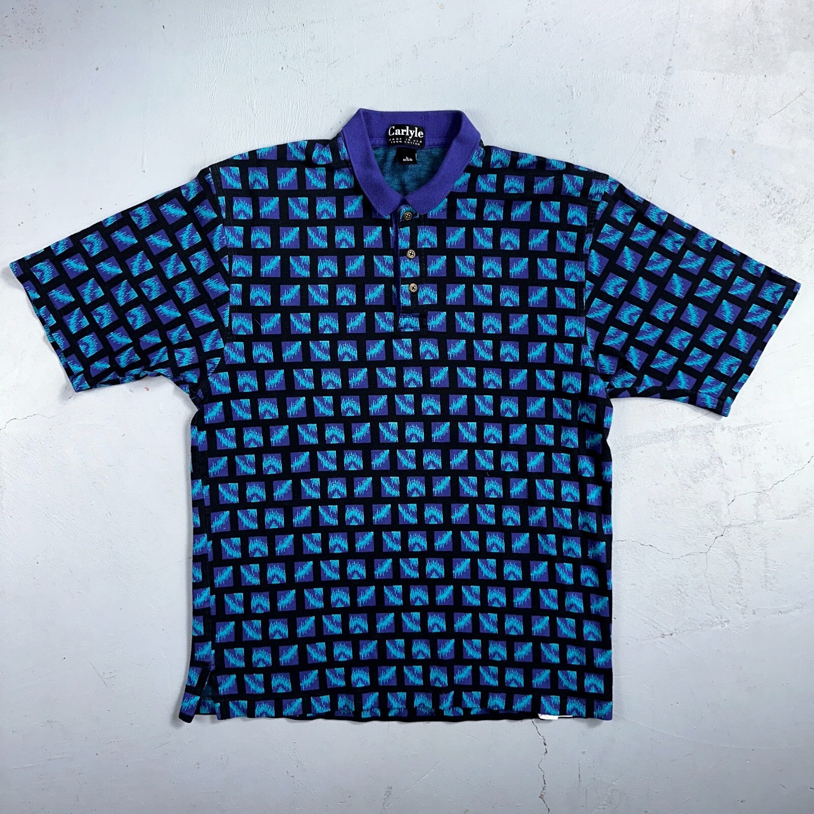 Carlyle VTG Short Sleeve Knit Polo Sz L Rockabilly Crazy Print Pattern Blue 70s