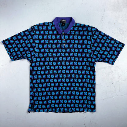 Carlyle VTG Short Sleeve Knit Polo Sz L Rockabilly Crazy Print Pattern Blue 70s