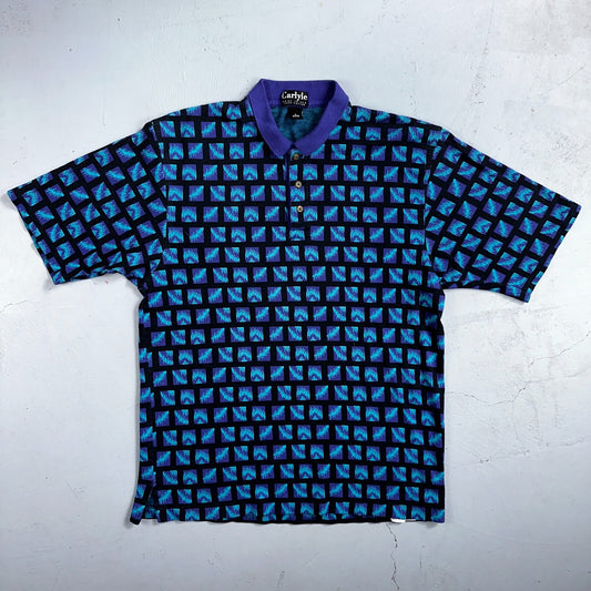 Carlyle VTG Short Sleeve Knit Polo Sz L Rockabilly Crazy Print Pattern Blue 70s