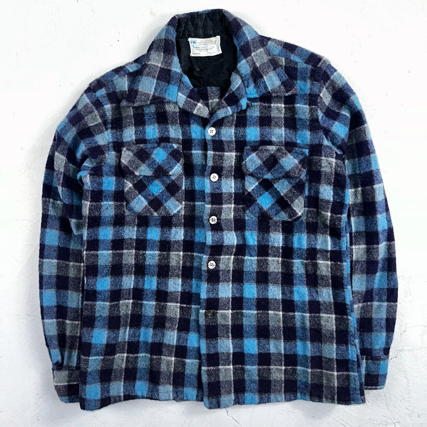 Vintage 60s 70s Towncraft Wool Flannel Blend Button Up Shirt Penneys M Blue
