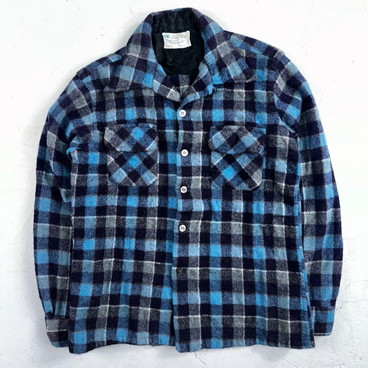 Vintage 60s 70s Towncraft Wool Flannel Blend Button Up Shirt Penneys M Blue