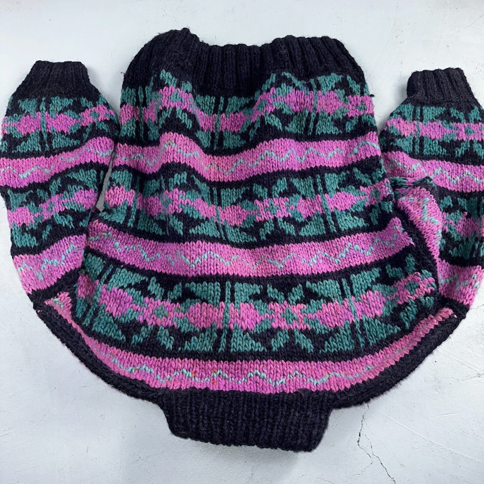 VTG World Class Sweater Purple Striped Wool Hand Made Aztec Geometric 1970s