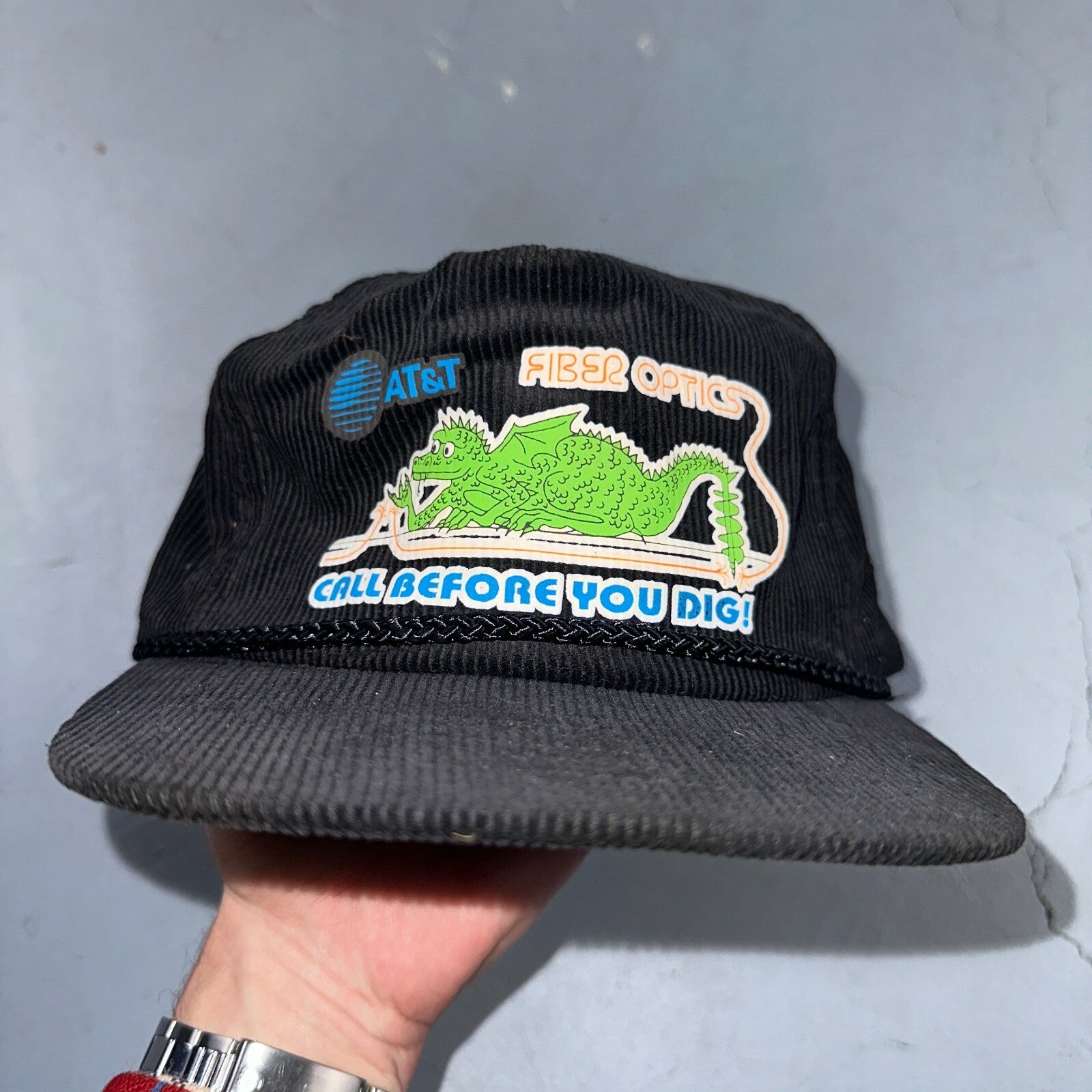 AT&T Fiber Optics Dragon Corduroy VTG Hat Cap Snapback Bell System Telephone Cal