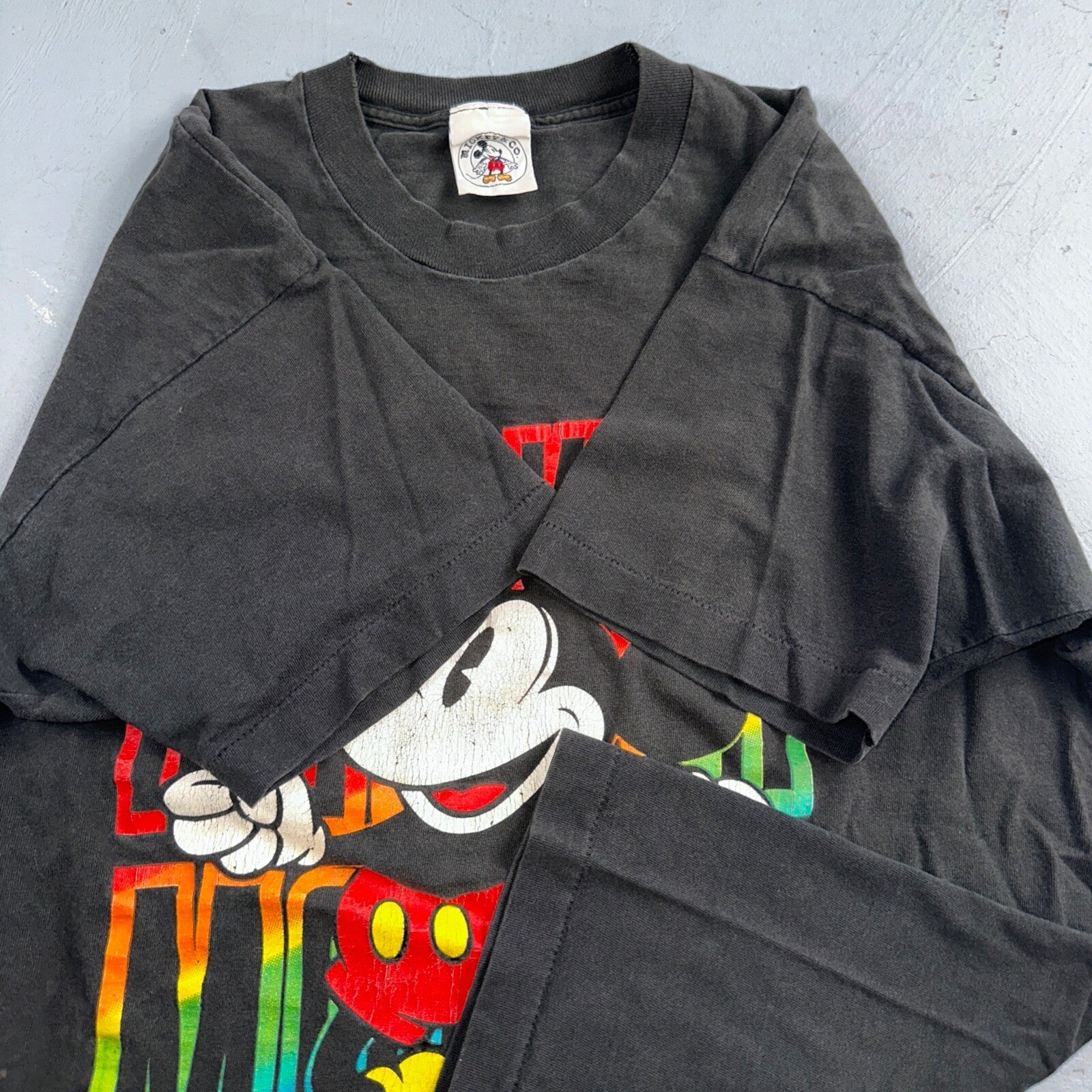 Mickey Mouse Disney VTG 90s Rainbow Neon Big Print Single Stitch T-Shirt Size XL