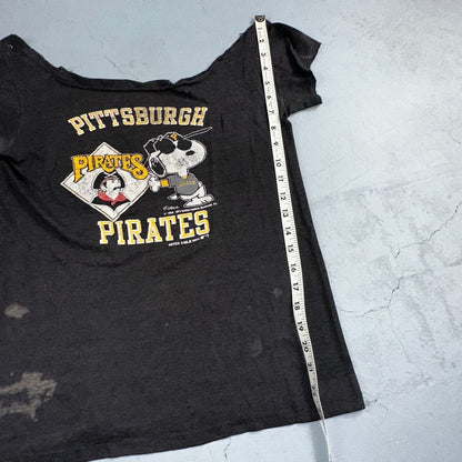 Pittsburgh Pirates Snoopy VTG T Shirt Chopped 80s Baseball Cool Black Graphic