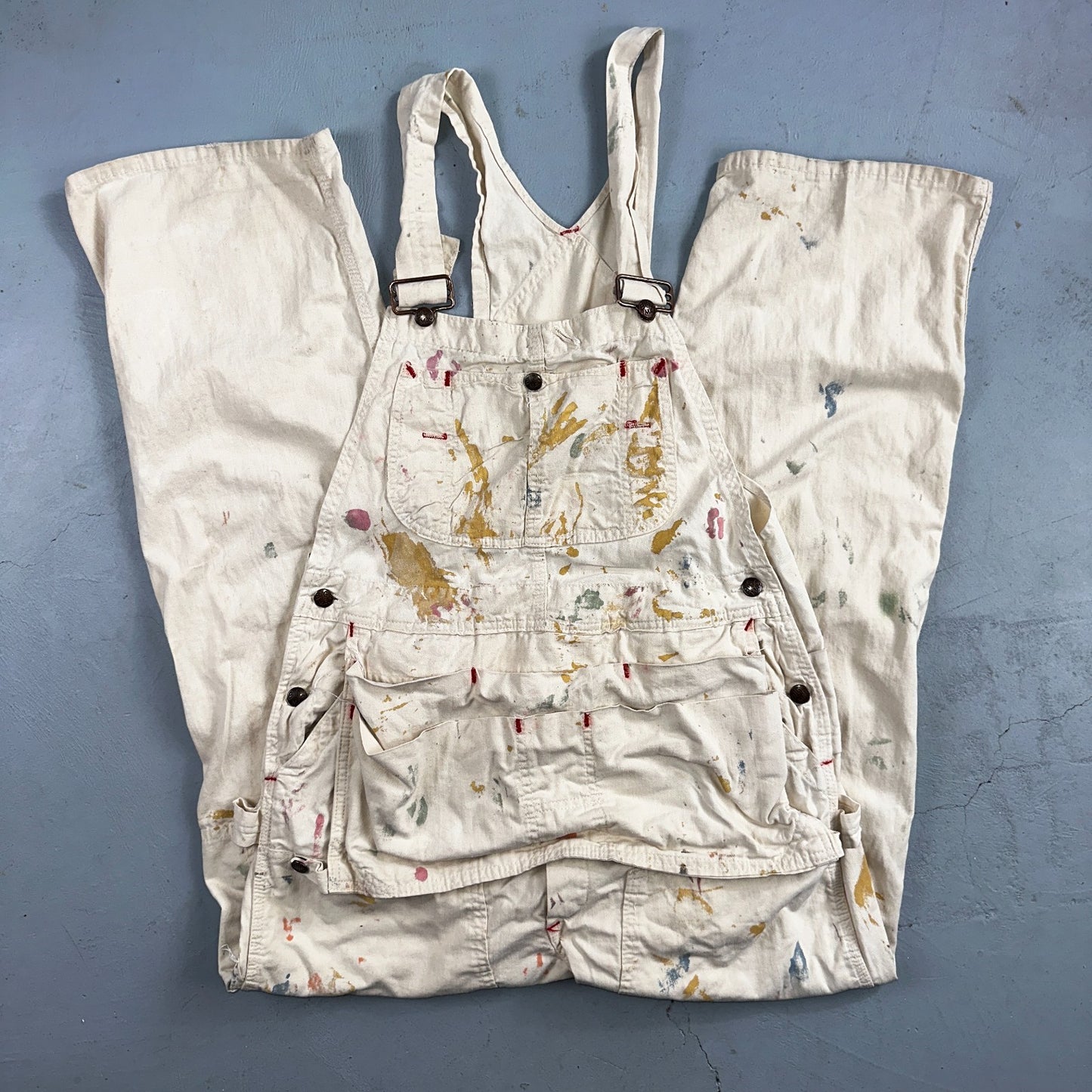 VTG Big Mac White Thrashed Overalls Carpenter Bibs Workwear Painter Paint Stain