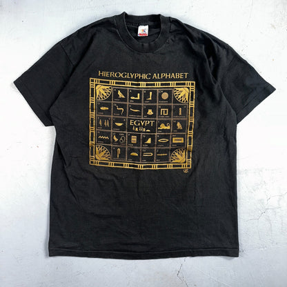 Vintage 90s Fruit of the Loom Hieroglyphic Alphabet Egypt Black T Shirt XL Music