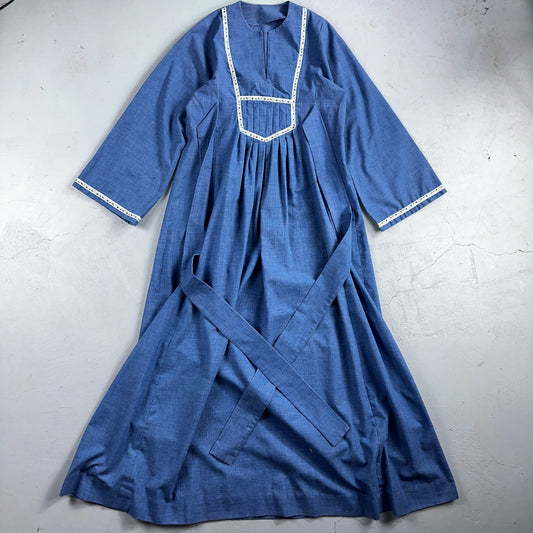 Vintage Prairie Style Blue Chambray Maxi Dress Lace Trim Cottagecore Long 60s