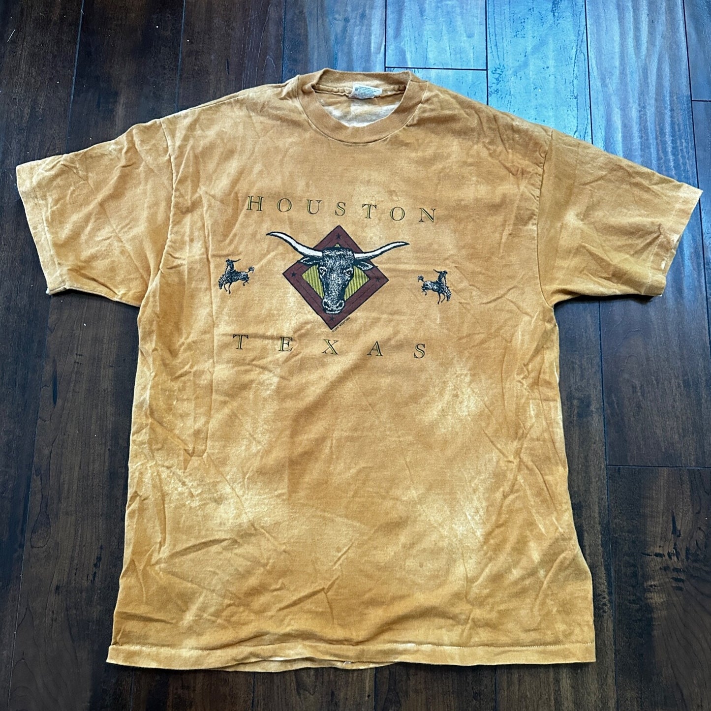 Hanes Huston Texas VTG T Shirt Bull Southern America USA Tye Dye Travel Tee 90s