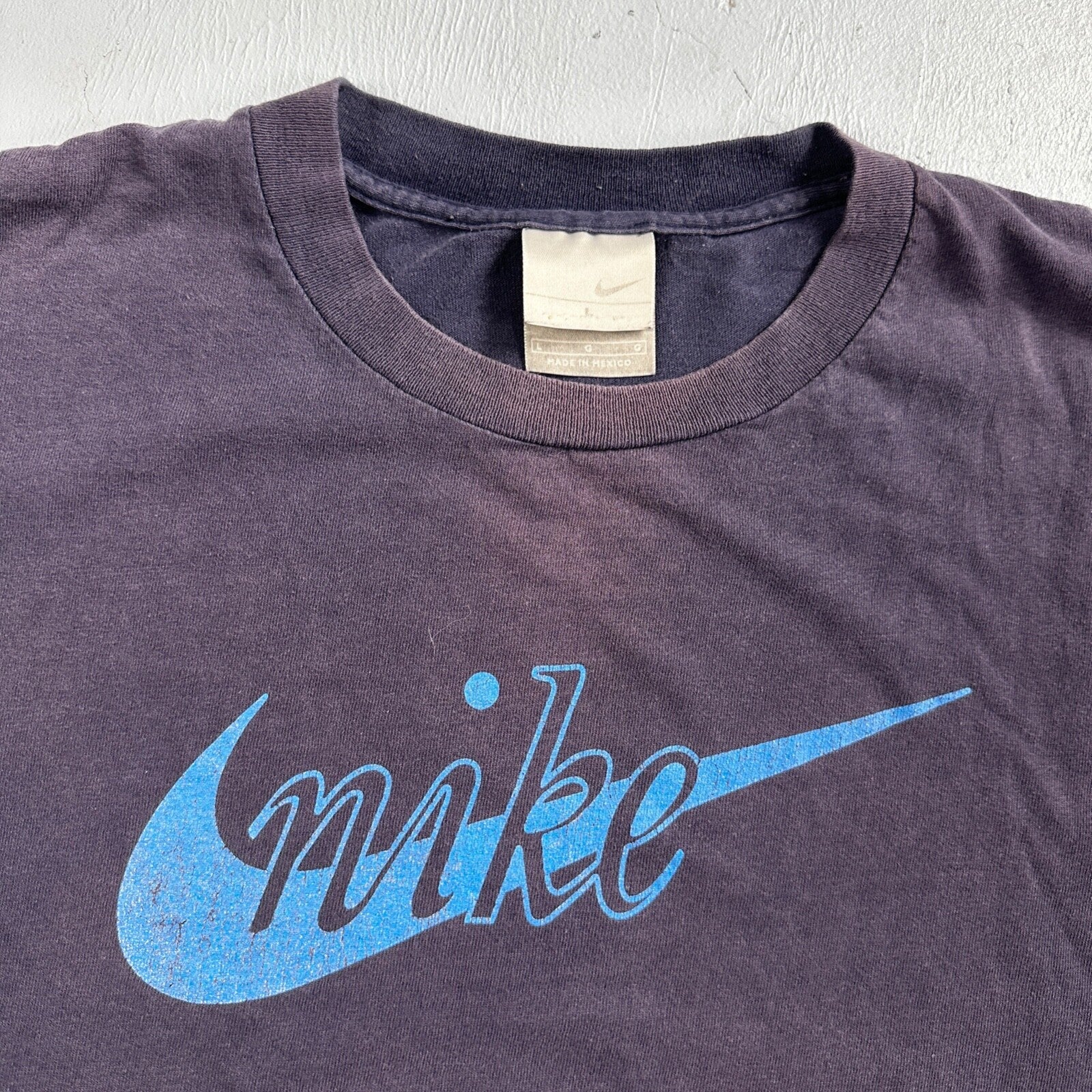 Nike OG Swoosh Logo Y2K VTG T Shirt Center Navy Faded Blue Check 70s Repro
