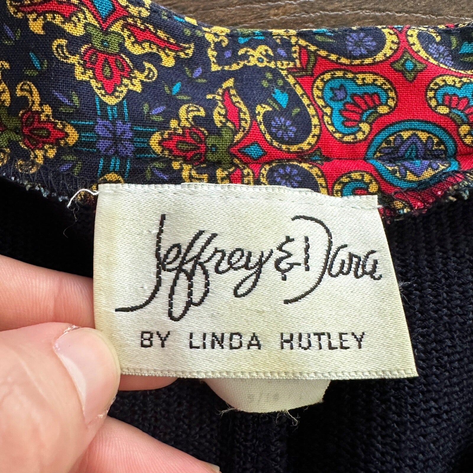 Jeffrey and Dara by Linda Hutley Knit Blazer Paisley VTG Navy Cardigan 90s