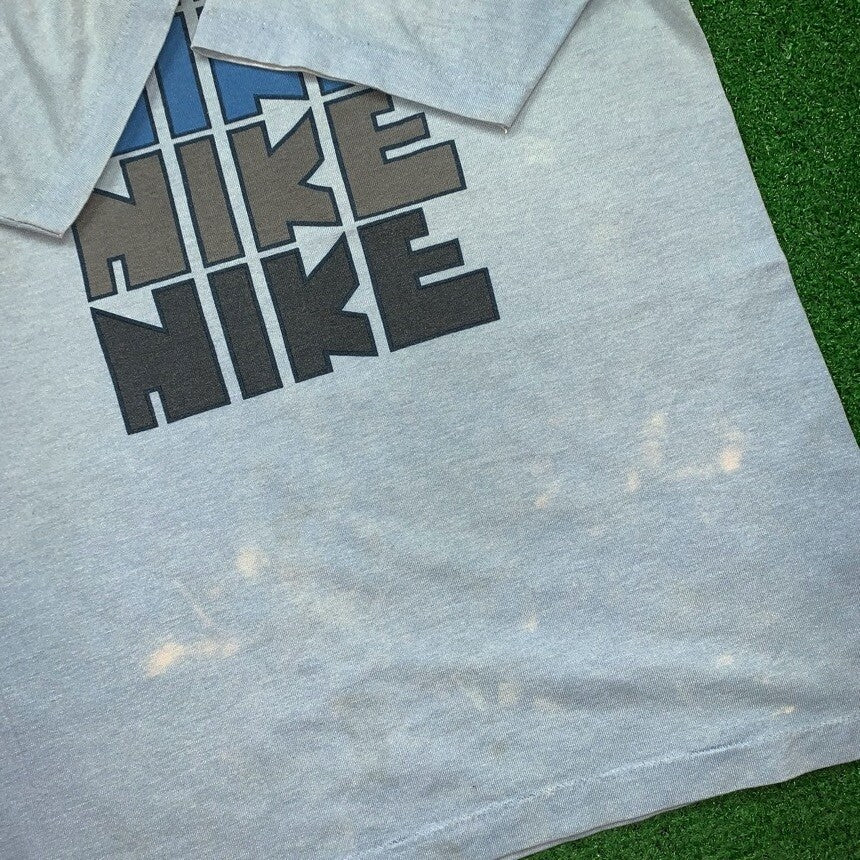 Vintage Nike T Shirt USA Rare Thrashed Blue Travis Block Print Quad Pinwheel 70s