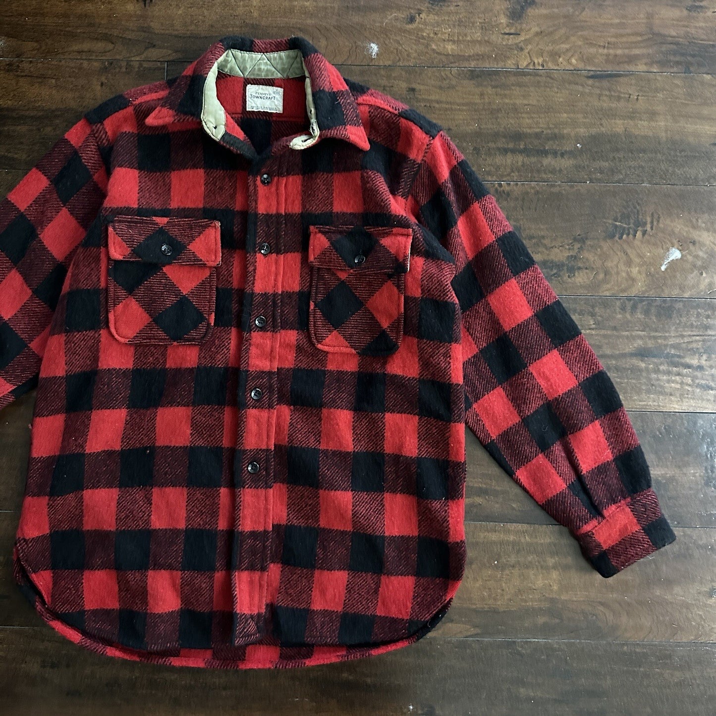 Vintage Penneys Towncraft Red Black Plaid Flannel Shirt Sz M Checker 60s 70s