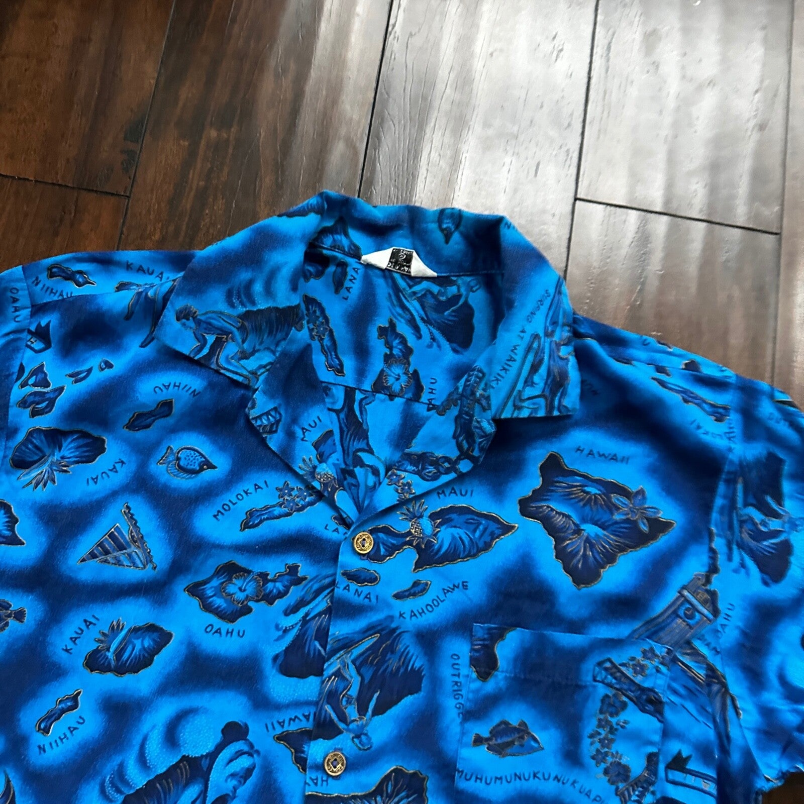 1960s Hawaiian Button Down Shirt Vintage Rockabilly 50s 60s Loop Collar Blue