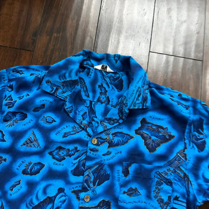 1960s Hawaiian Button Down Shirt Vintage Rockabilly 50s 60s Loop Collar Blue