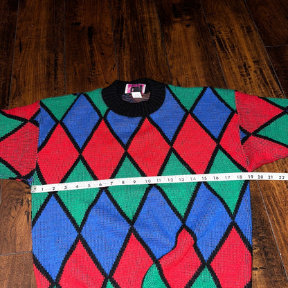 Vintage Adele Knitwear Sweater Abstract Diamond 80s Red USA 90s RARE Art