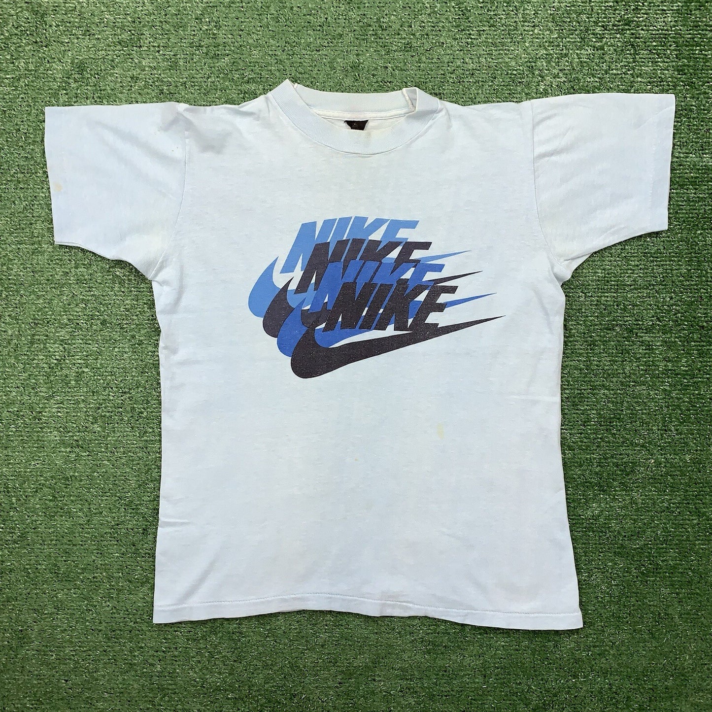 Nike Vintage T Shirt Mens M 70s Quad Swoosh Center OG 80s Blue Heavy Rare Stack