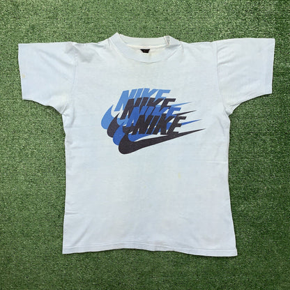 Nike Vintage T Shirt Mens M 70s Quad Swoosh Center OG 80s Blue Heavy Rare Stack