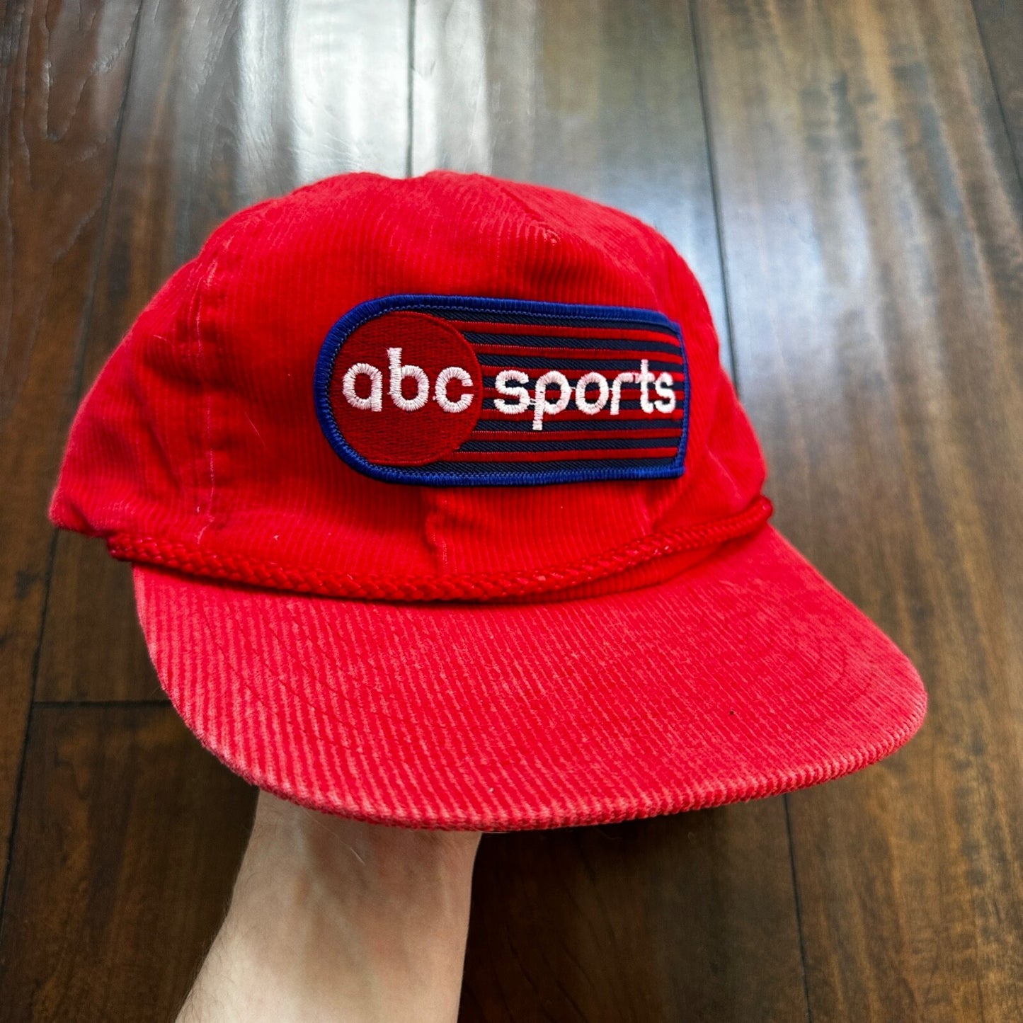 ABC Sports Corduroy Red VTG Hat Cap Snapback 80s TV Television Basketball