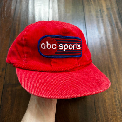 ABC Sports Corduroy Red VTG Hat Cap Snapback 80s TV Television Basketball