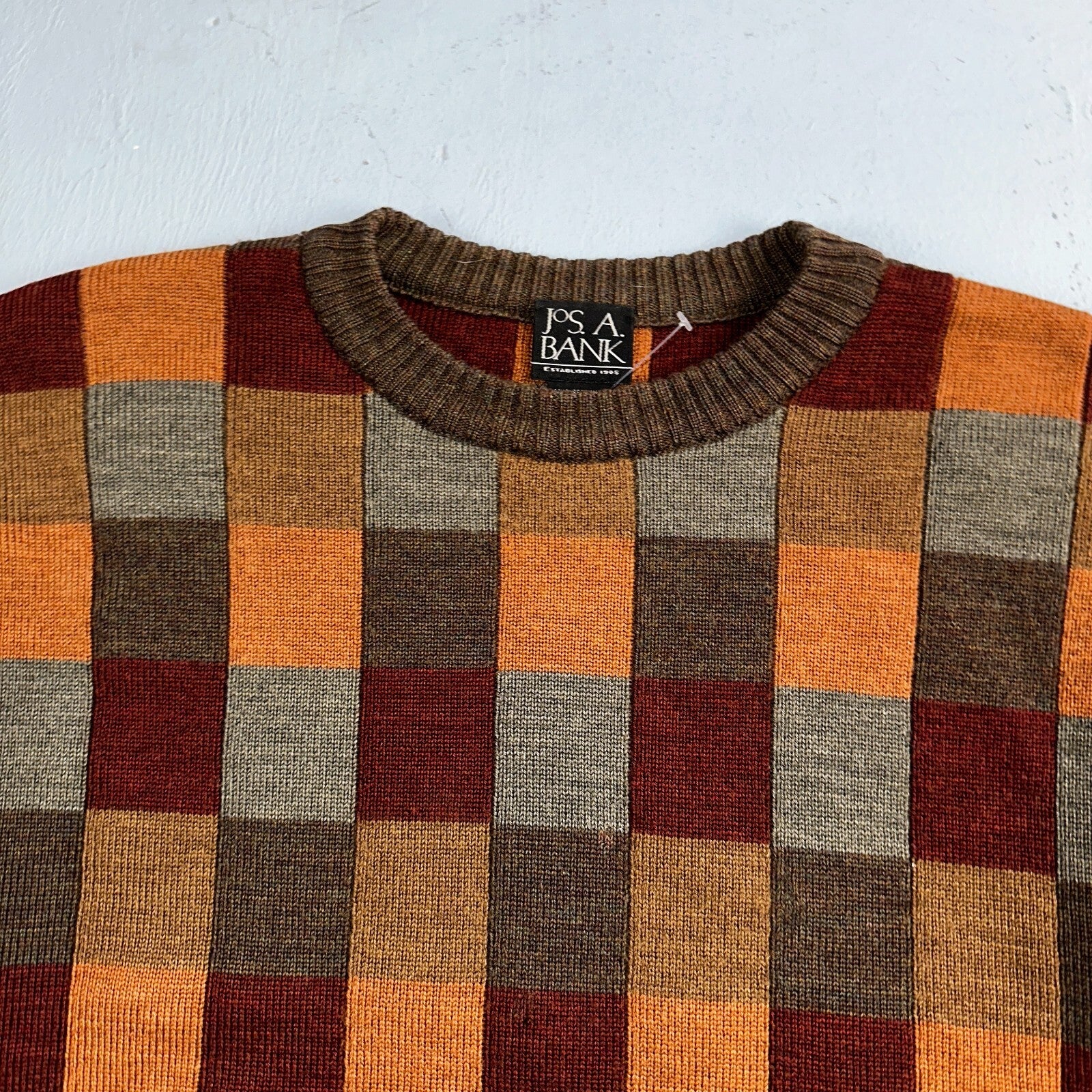 Jos A Bank VTG Mens L Pure Merino Wool Sweater Italy Checkboard 80s Patchwork