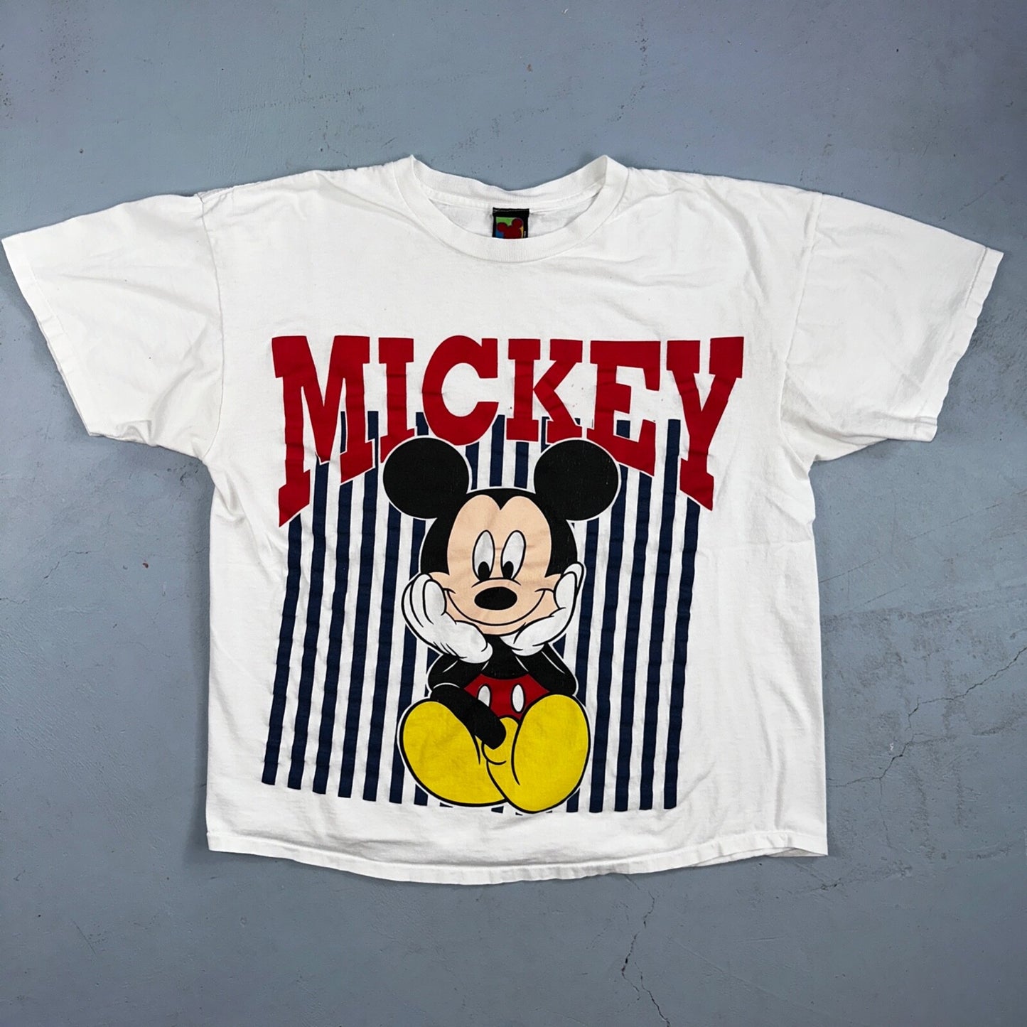 Disney Mickey Mouse Single Stitch Striped VTG T Shirt White 90s Happy Cute
