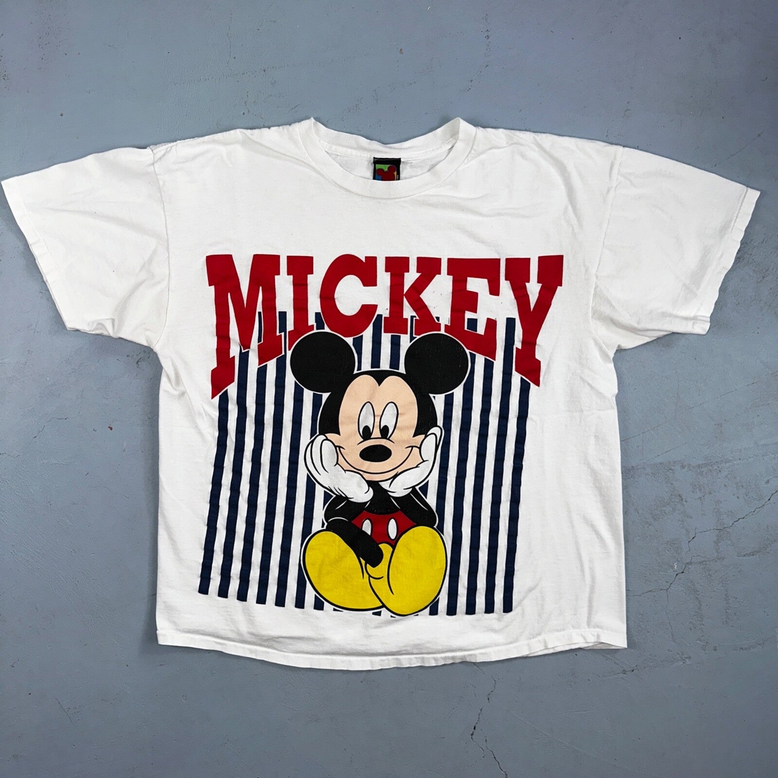 Disney Mickey Mouse Single Stitch Striped VTG T Shirt White 90s Happy Cute