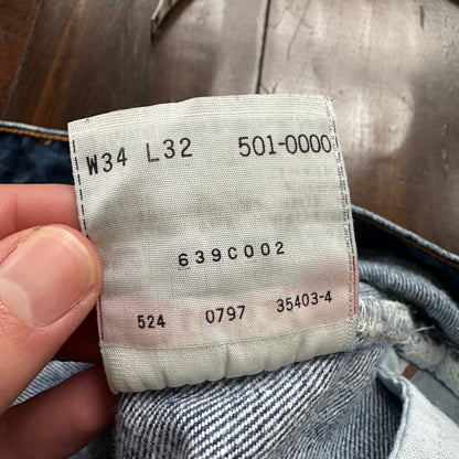 Vintage 90s Levis 501 34x32 USA Blue Denim Jeans Act 30x27 Thrashed Distressed
