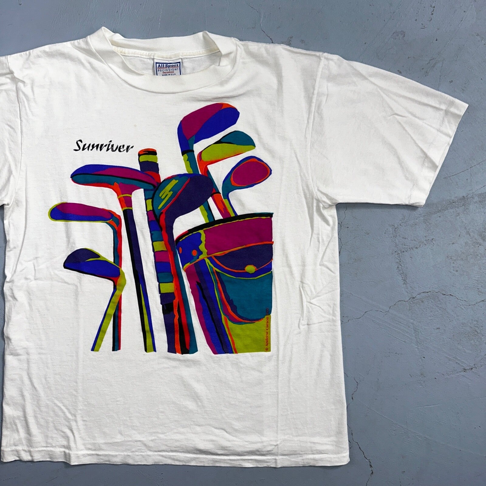 Sunriver Golf Clubs 90s USA VTG T Shirt Colorful Art Picture Graphic Mens Game