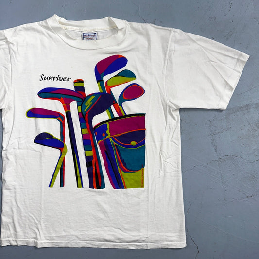 Sunriver Golf Clubs 90s USA VTG T Shirt Colorful Art Picture Graphic Mens Game