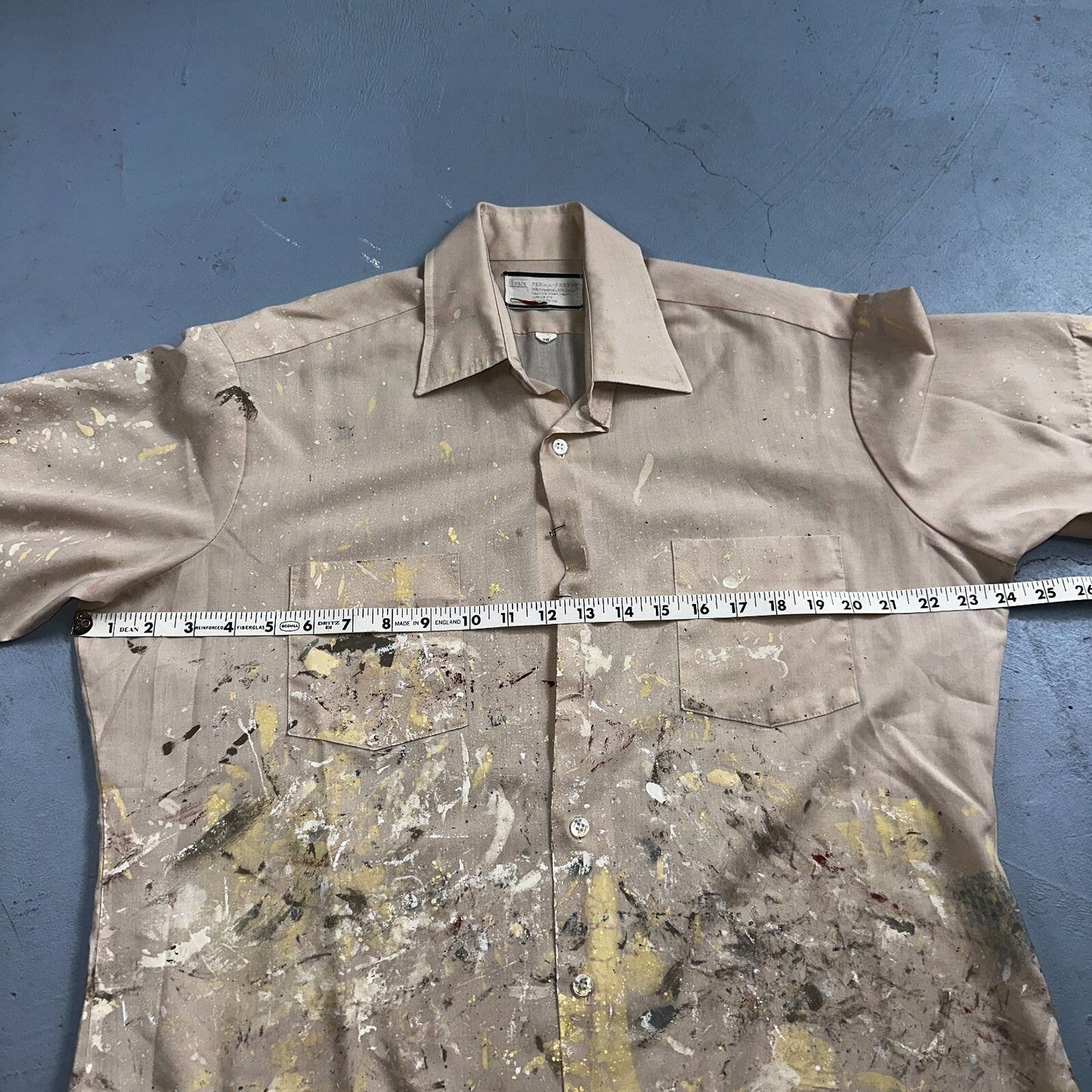 VTG 60s 70s Paint Stained Sears Perma Prest Short Sleeve Camp Shirt 16 Thrashed