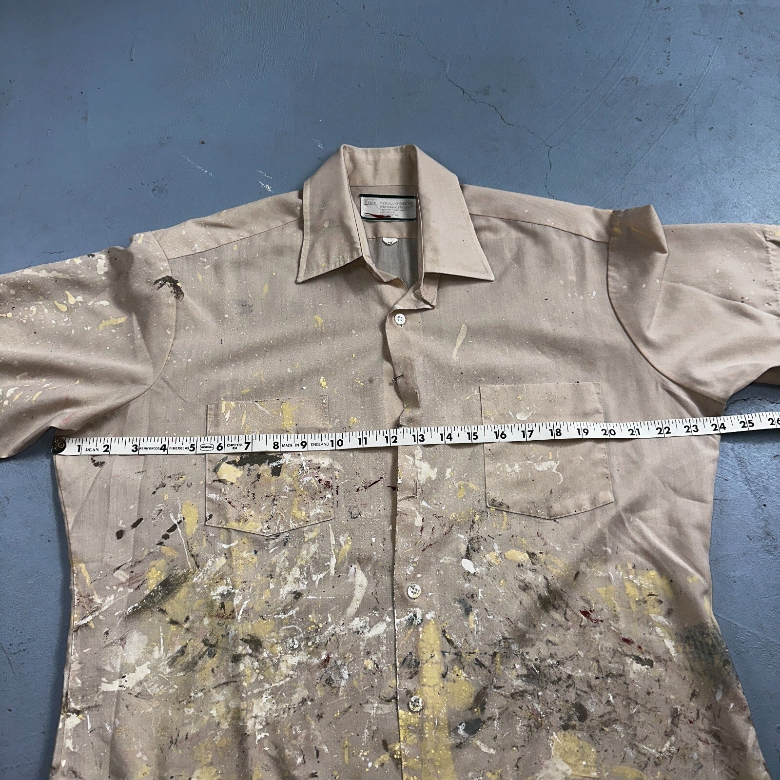 VTG 60s 70s Paint Stained Sears Perma Prest Short Sleeve Camp Shirt 16 Thrashed