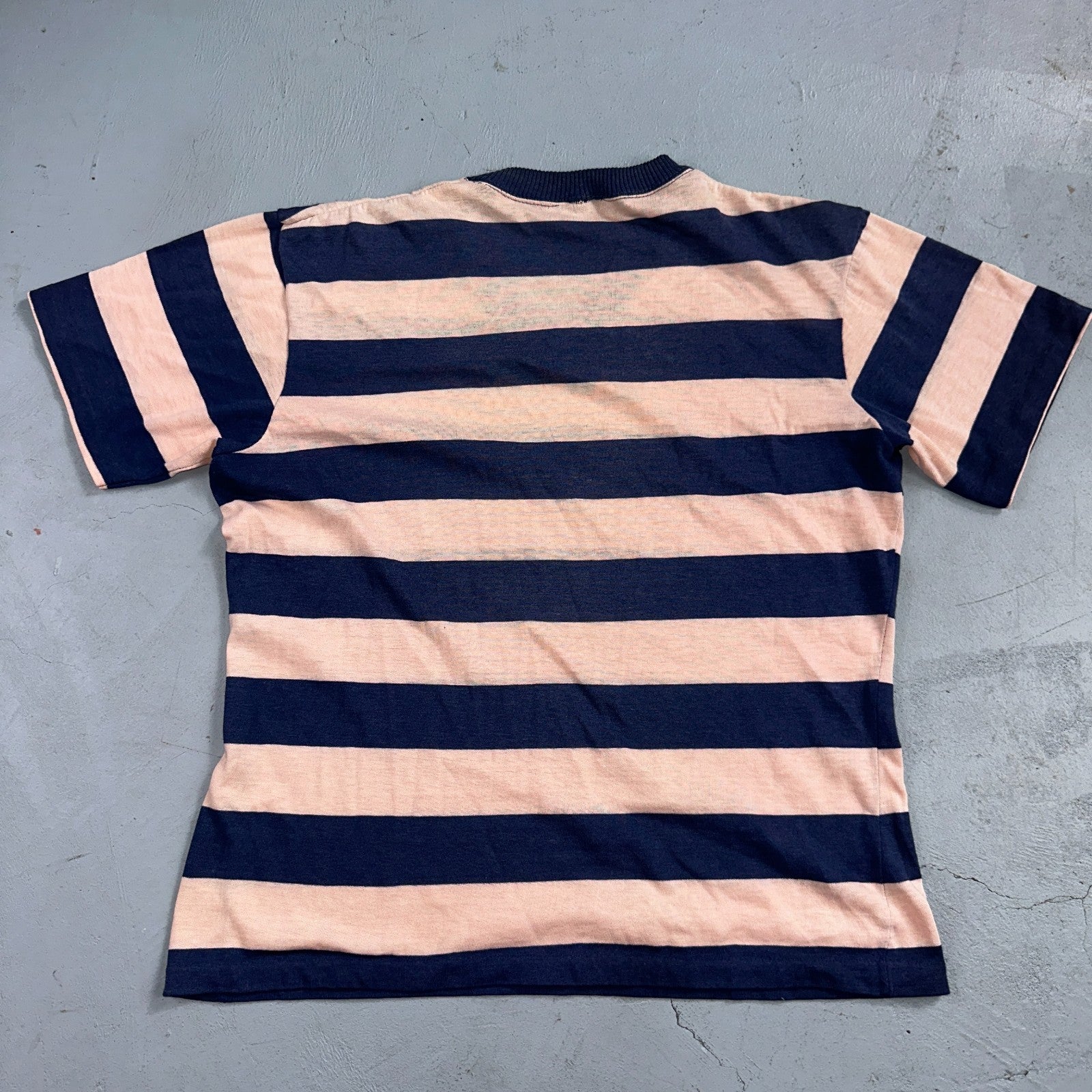 Blue Pink Rockabilly V Neck T Shirt 1970s Striped Basic Essential Single Stitch