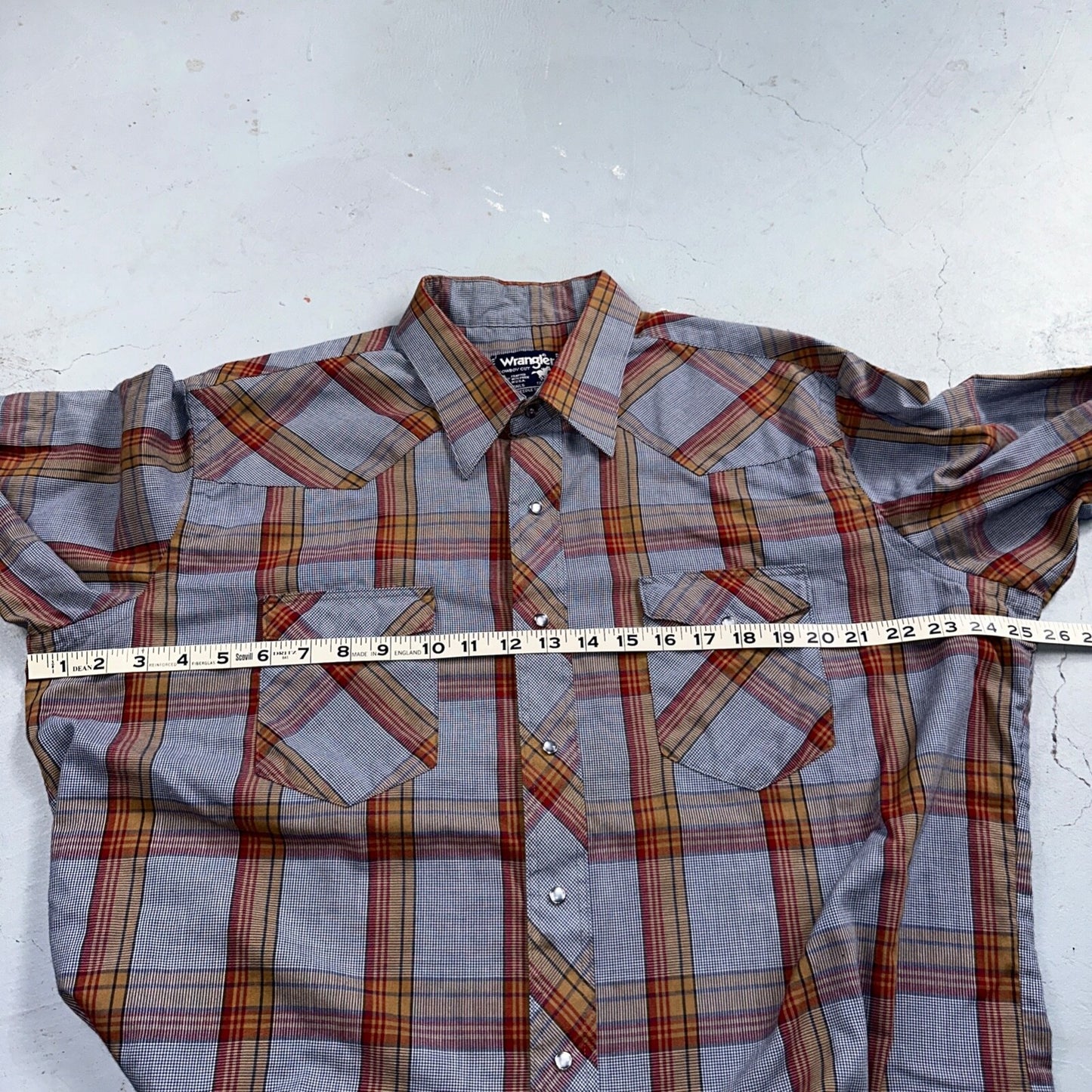Wrangler VTG Shirt Mens 17.5x35 Plaid Cowboy Cut Pearl Snap Long Tail Rodeo