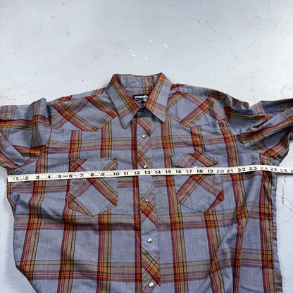Wrangler VTG Shirt Mens 17.5x35 Plaid Cowboy Cut Pearl Snap Long Tail Rodeo