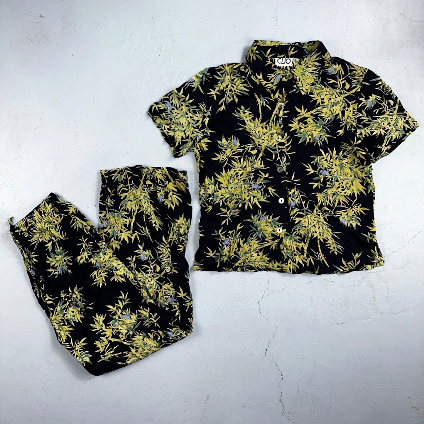 Clio VTG 2 Piece Set Blouse Shirt Pants Rayon Hawaiian Floral Boho Chic 1980s