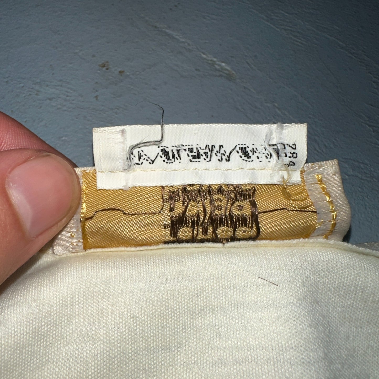 Vintage René Helga Howie Cream Midi Dress Blue Trim V-Neck 3/4 Sleeve Boho 70s