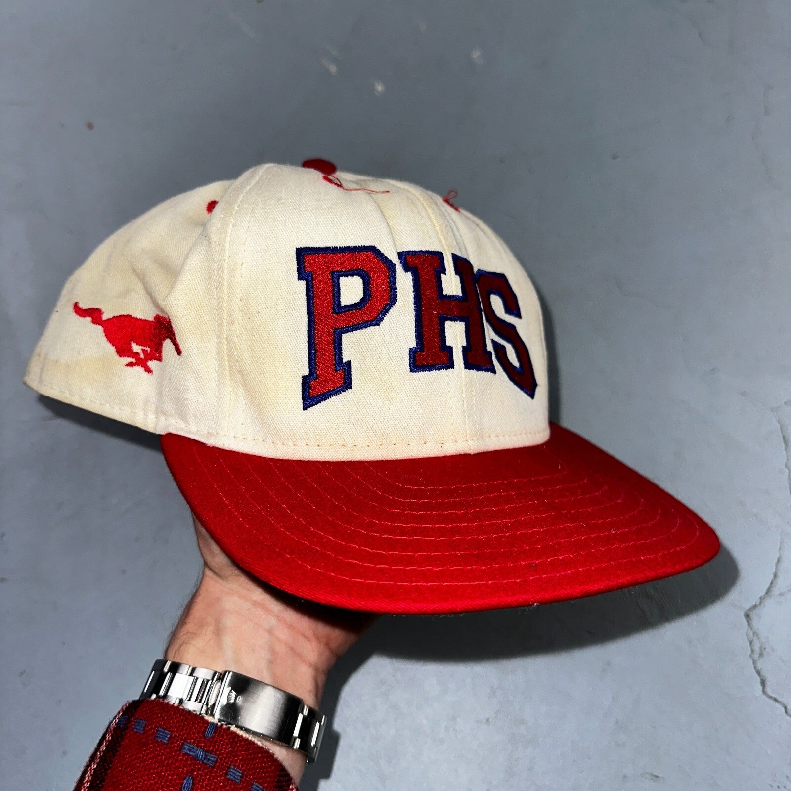 PHS VTG Hat Cap Snapback Sports Football Red White Running Horse Mustang USA