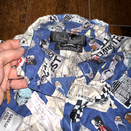 Nicole Miller 100% Silk Shirt Vintage 1994 Limited Quantities Cars Drivers Test