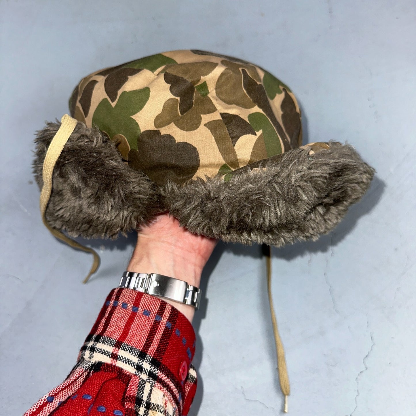 Vintage Browning Down Trapper Hunting Hat XL Camo Fur Lined Ear Flaps USA D60