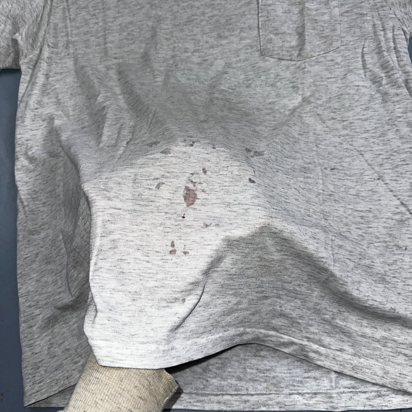 Oneita Pride In Print Designer VTG T Shirt Thrashed Hole Gray Pocket Chest Print