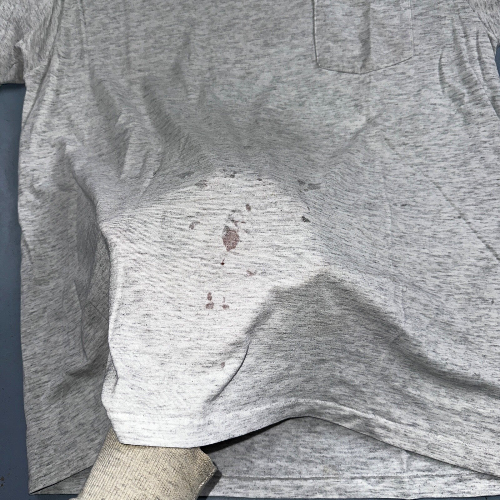 Oneita Pride In Print Designer VTG T Shirt Thrashed Hole Gray Pocket Chest Print