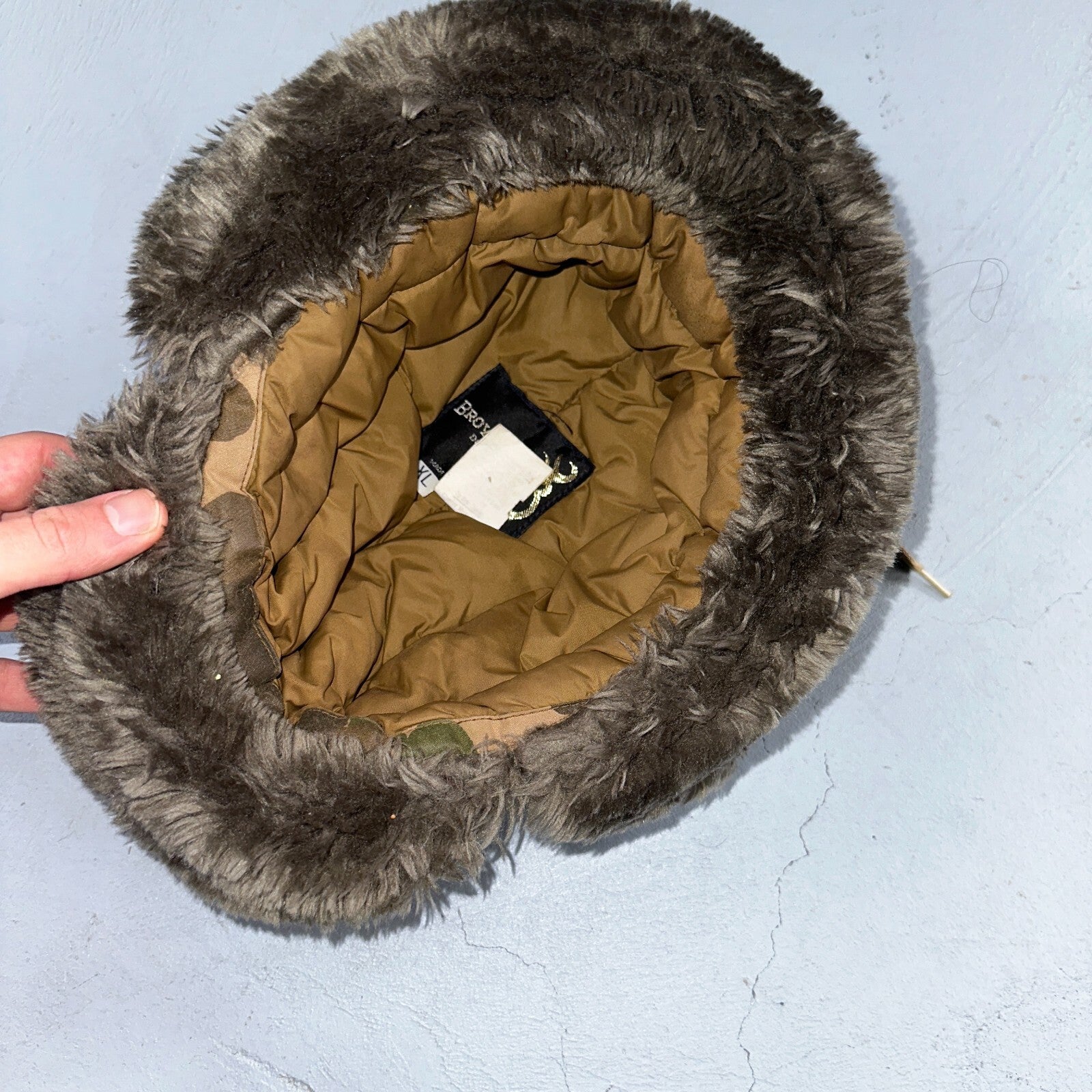 Vintage Browning Down Trapper Hunting Hat XL Camo Fur Lined Ear Flaps USA D60