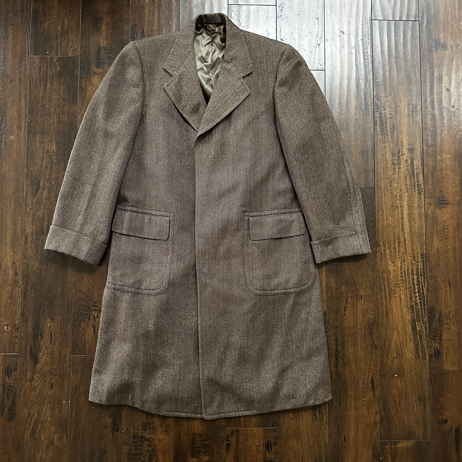 VTG 1960s Barron Anderson Herringbone Wool Overcoat USA Rockabilly 60s Lined