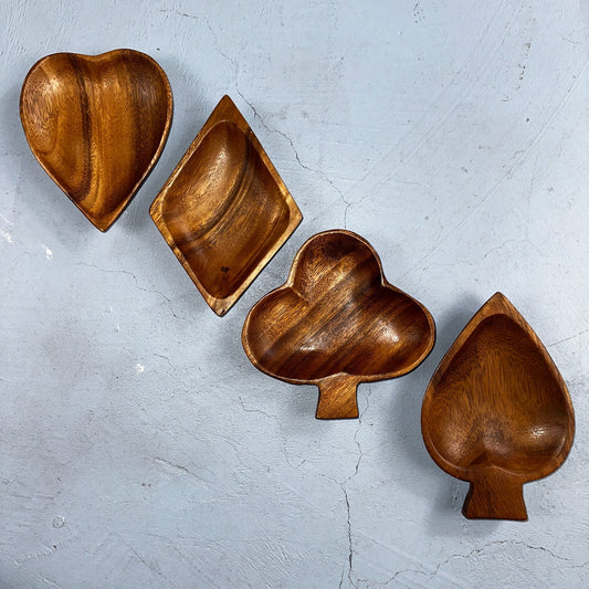 Vintage Monkey Pod Wood Card Playing Suits Candy Snack Dishes 80s Hearts Cute