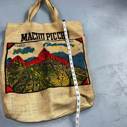 VTG Peru Machu Picchu Upcycled Coffee Reversible Burlap Tote Bag 70s Art Travel