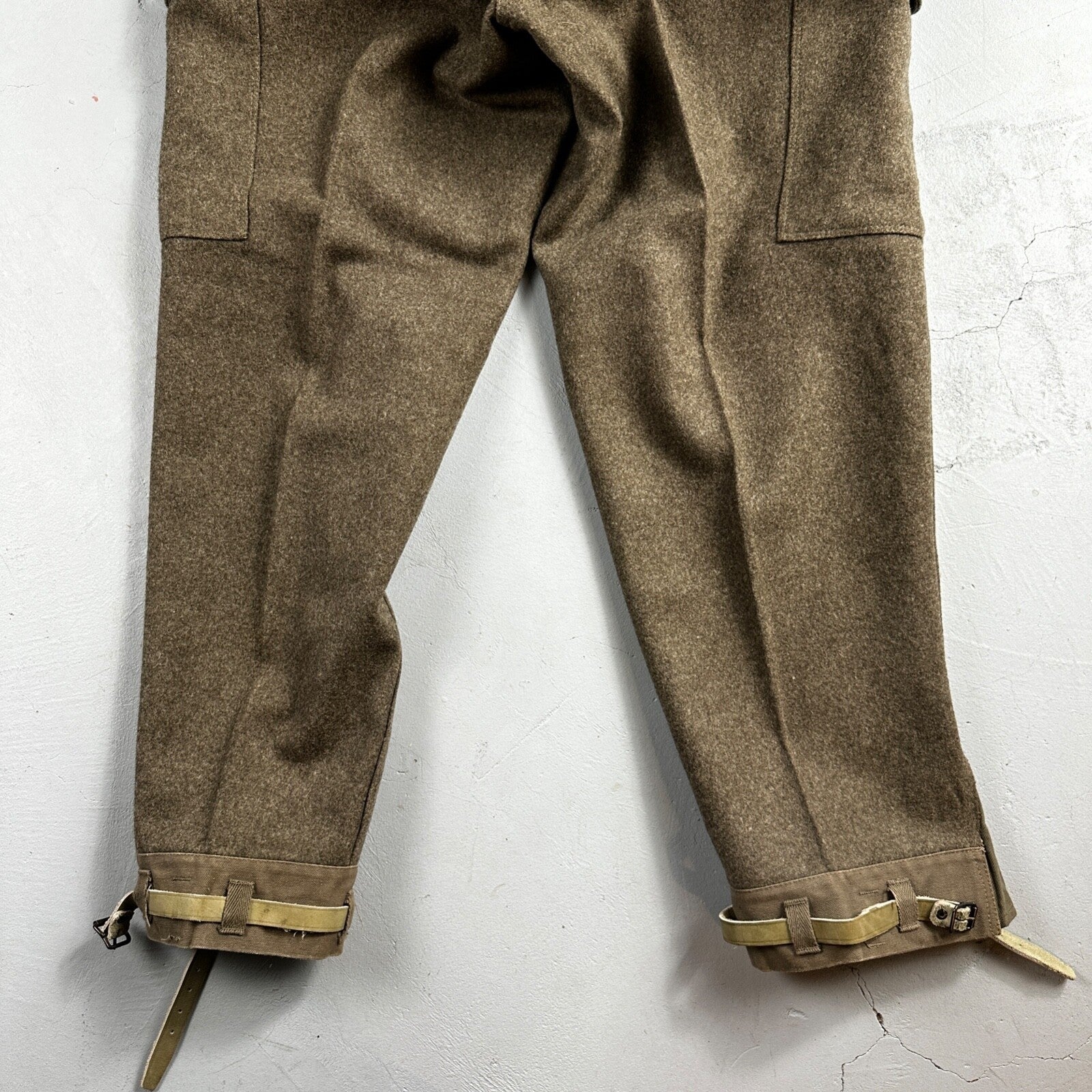 Vintage 1960s Swedish Army Wool Cargo Heavy Pants WWII Leather Straps 34x31