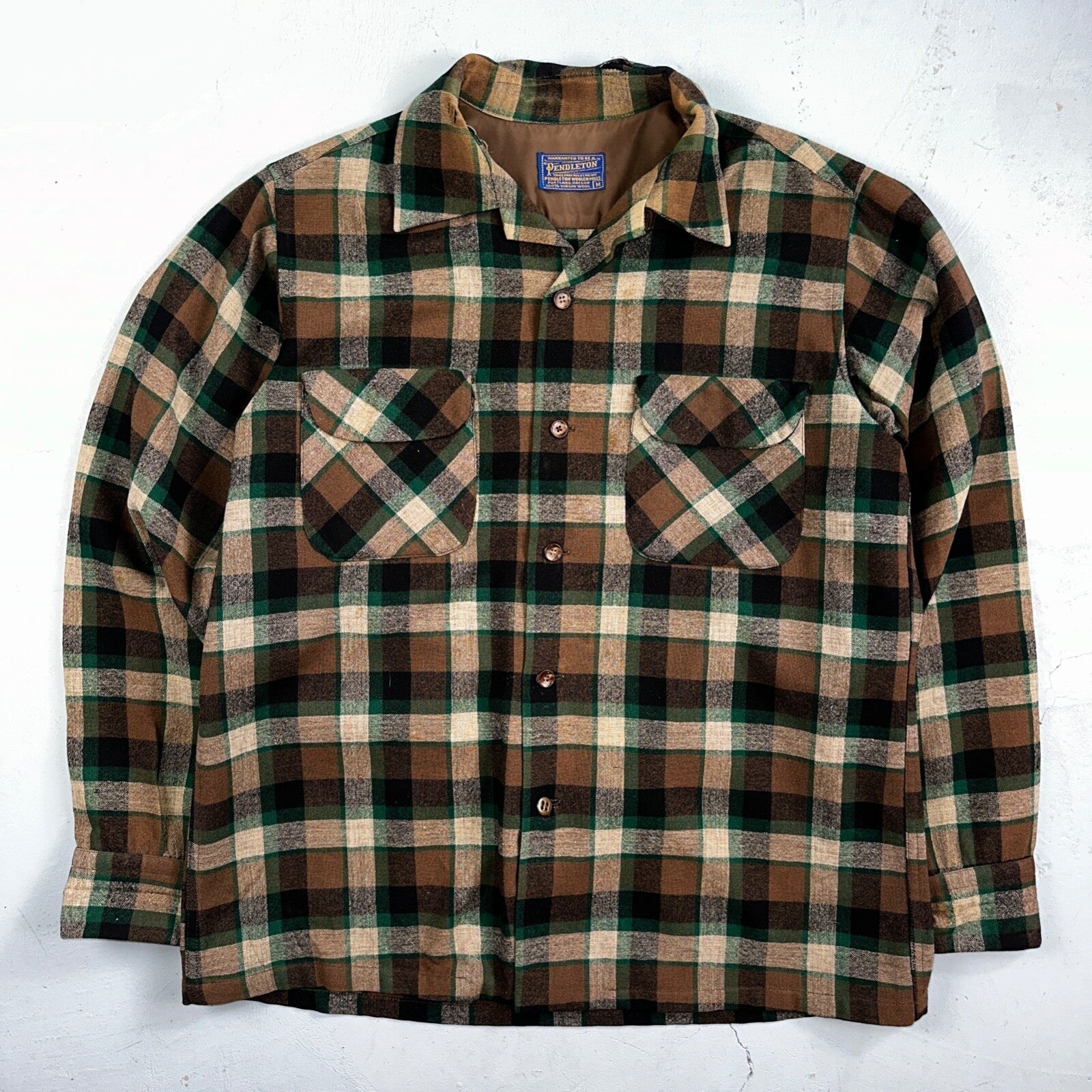 Pendleton 1950s Loop Collar Board Shirt Wool Plaid Flannel Shirts Brown Green M