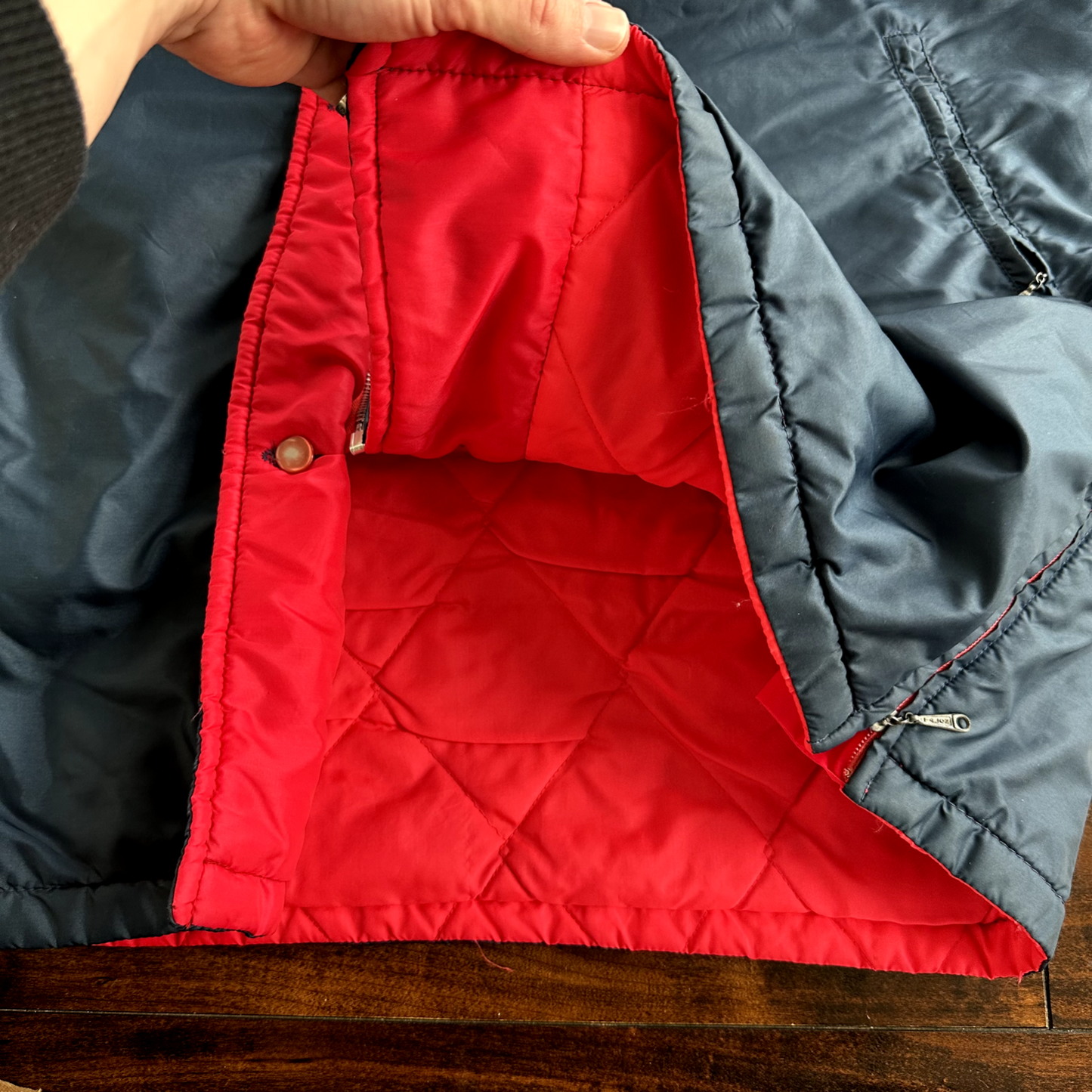 Vintage 50s Comfy Puffer Coat Jacket Womens Metallic Talon Zipper 60s Navy